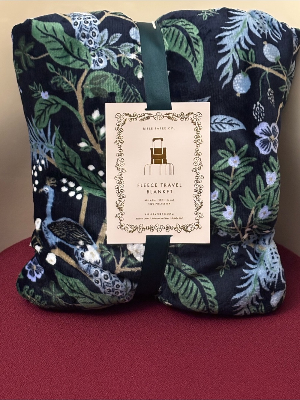 Travel Fleece Blanket Peacock  Print by Rifle Paper Co Brand New 45x60” Blue